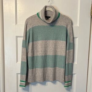 J. Crew Gray and Mint Striped Cowl Neck Sweater with Green Trim
